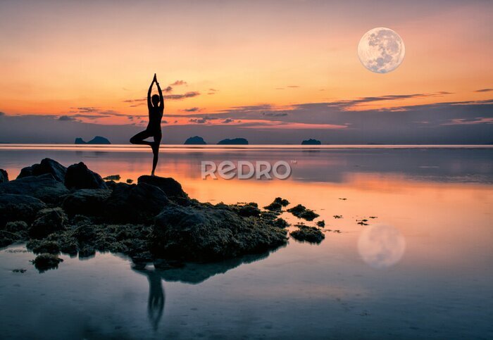 Bild Frau auf Felsen am Meer in Yoga-Stellung