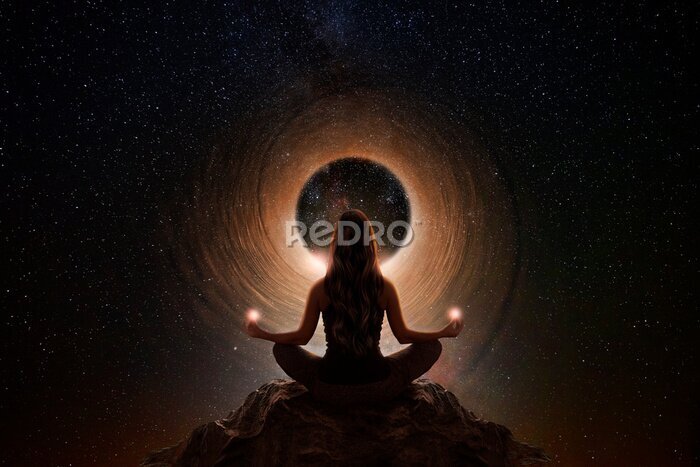 Bild Frau im Lotussitz vor dem Hintergrund eines Sternenhimmels