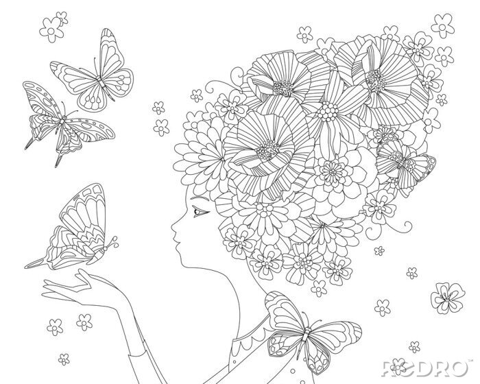 Bild Frau mit Blumen anstelle von Haaren und Schmetterlingen