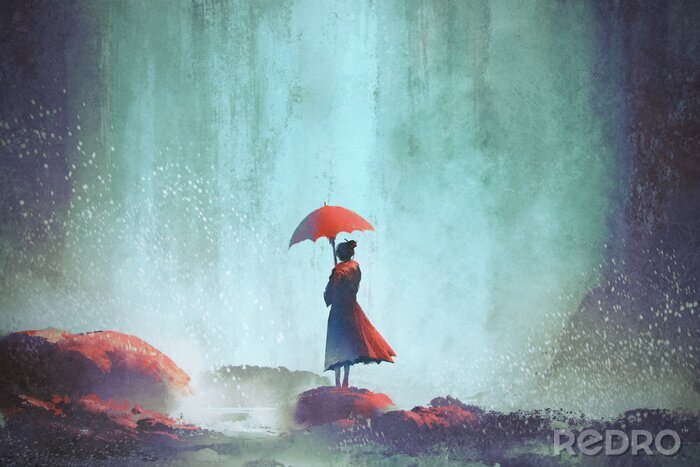 Bild Frau mit einem Regenschirm unter einem Wasserfall