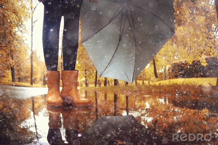 Bild Frau mit Regenschirm in der Pfütze