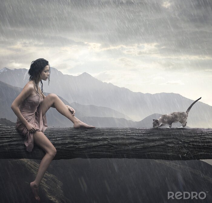Bild Frau und Katze auf einem Baumstamm
