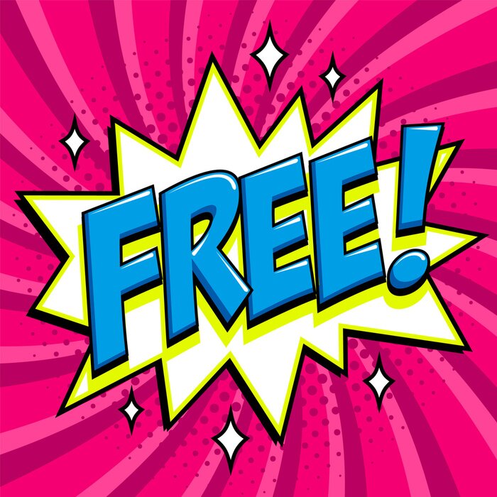 Bild Free - Comic book style word on a purple background. Free banner in pop art comic style. Color summer banner in pop art style Ideal for web. Decorative background with bomb explosive.