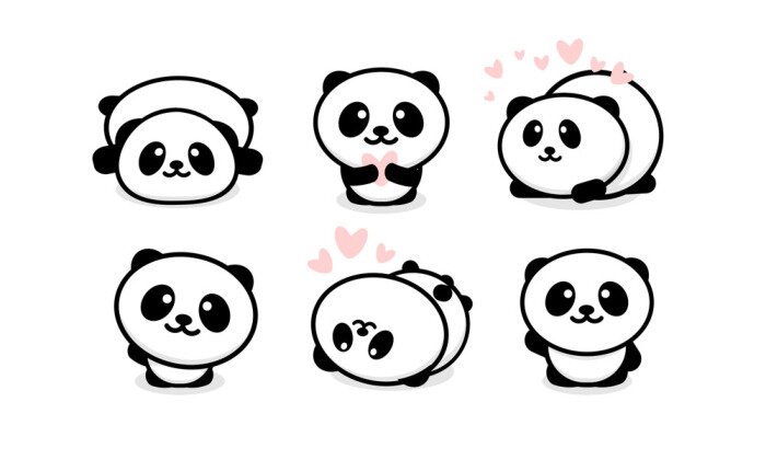 Bild Friendly and cute pandas set. Chinese bear icons set. Cartoon panda logo template collection. Isolated vector illustration.