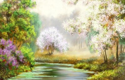 Frühling, Baum, Fluss, Gemälde Landschaft