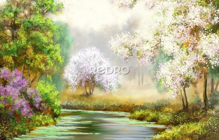 Bild Frühling, Baum, Fluss, Gemälde Landschaft
