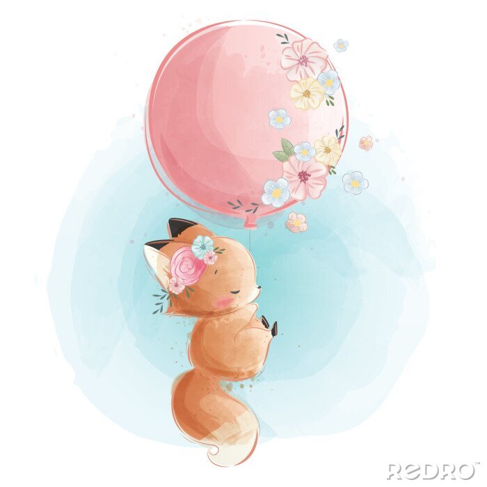 Bild Fuchs Aquarell und rosa Luftballon mit Blumen verziert