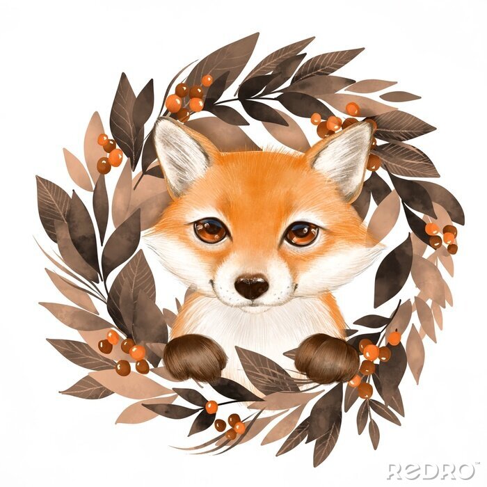 Bild Füchse Fuchsporträt und Kranz aus Blättern und Eberesche