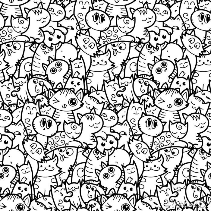 Bild Funny doodle cats and kittens seamless pattern for prints, designs and coloring books
