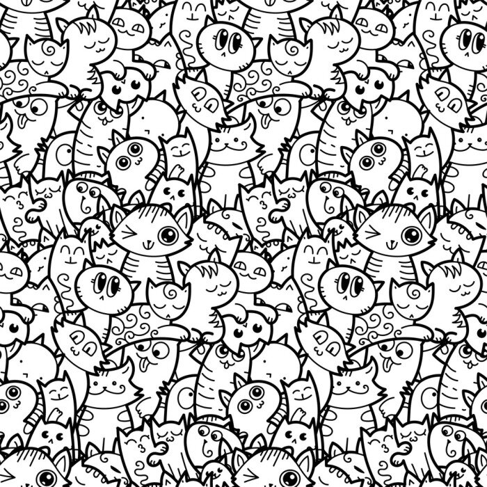 Bild Funny doodle cats and kittens seamless pattern for prints, designs and coloring books