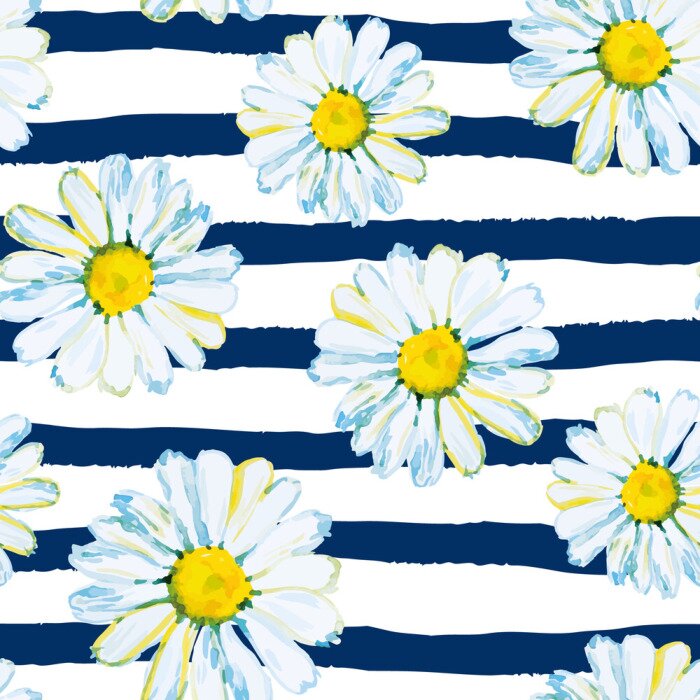 Bild Gänseblümchen auf dem gestreiften nautischen Hintergrund. Aquarell nahtlose Muster mit wilden Sommerblumen.