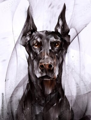 Bild gemaltes Porträt eines Tierhund Dobermannes in der Front