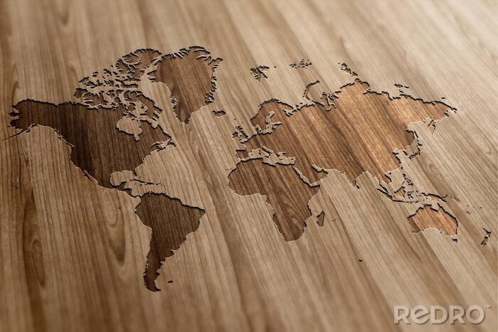 Bild Geschnitzte Weltkarte auf Holz