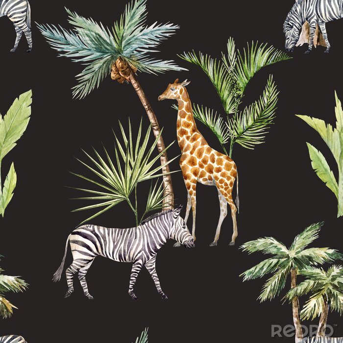 Bild Giraffen Zebras und Palmen
