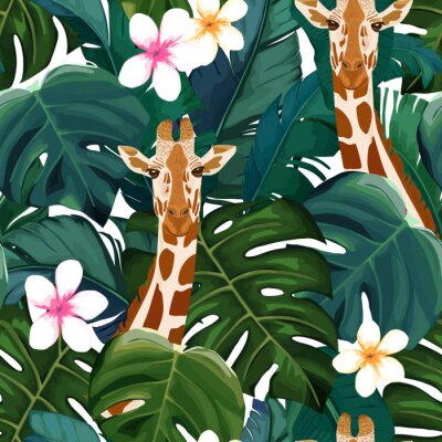 Giraffen zwischen tropischen Blättern und Blumen