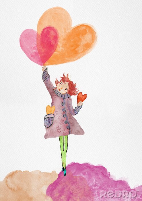 Bild Girl and hearts. Watercolor igreeting card. Love concept.