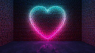 Bild Glowing neon heart shaped like icon on brick wall in dark room