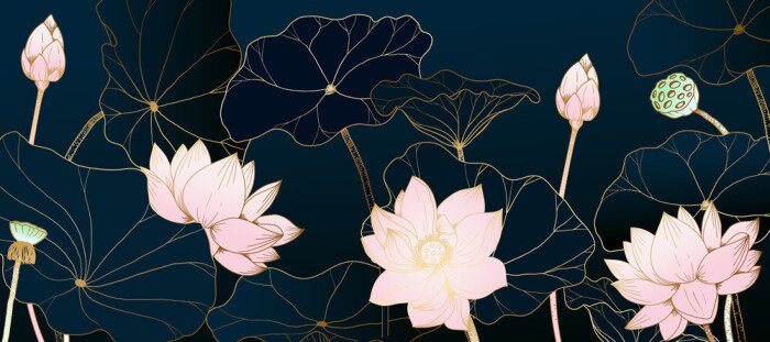 Bild Golden lotus line arts on dark background, Luxury gold wallpaper design for prints, banner, fabric, poster, cover, digital arts vector illustration.	