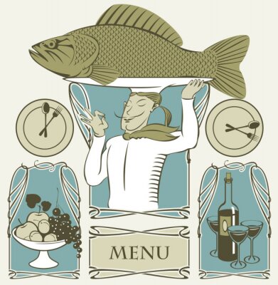 Grafik mit Koch und großem Fisch