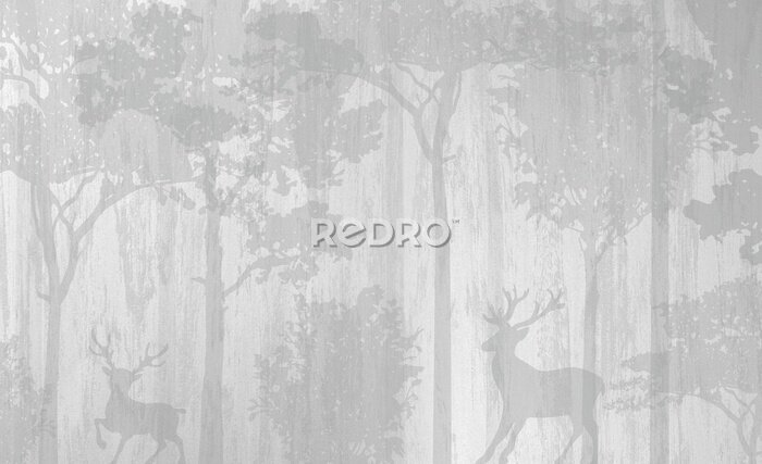 Bild Grauer Wald mit Rehen und Bäumen