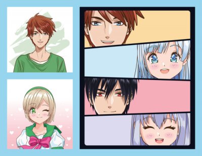 Bild group of faces young people anime style characters