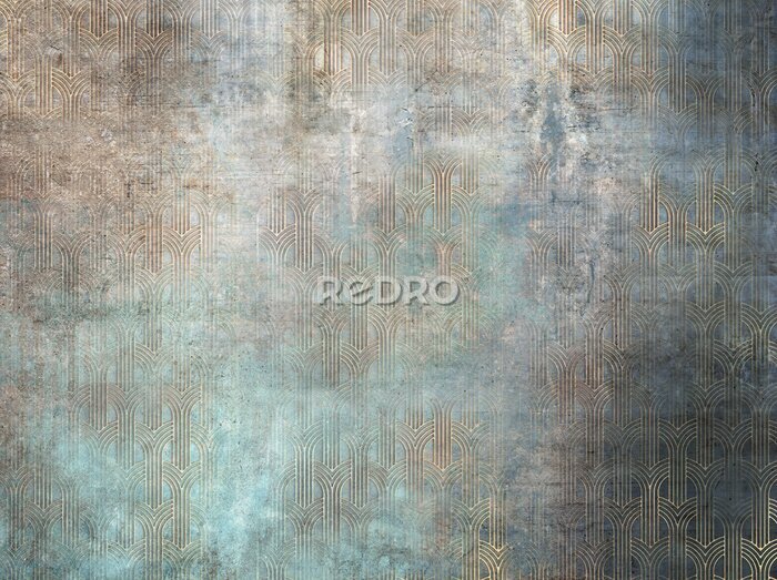 Bild Grunge photo wallpaper with golden abstract elements on concrete background. Illustration for wallpaper, fresco, mural.