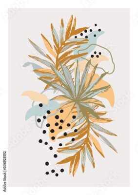 Bild Grunge tropical leaves sketch drawing on abstract foliage background. Collage art