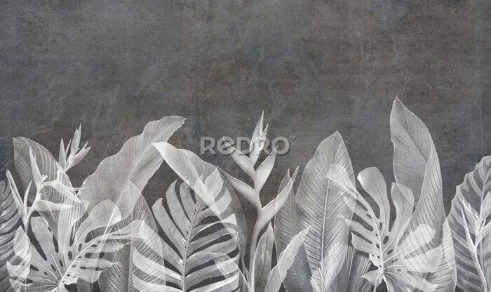 Bild Grunge wallpaper with leafs and plants on concrete background. Design for wallpaper, photo wallpaper, fresco, mural and other.
