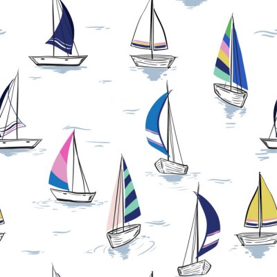 Hand drawing  sketch Seamless summer sea pattern with sailing ships on white background.