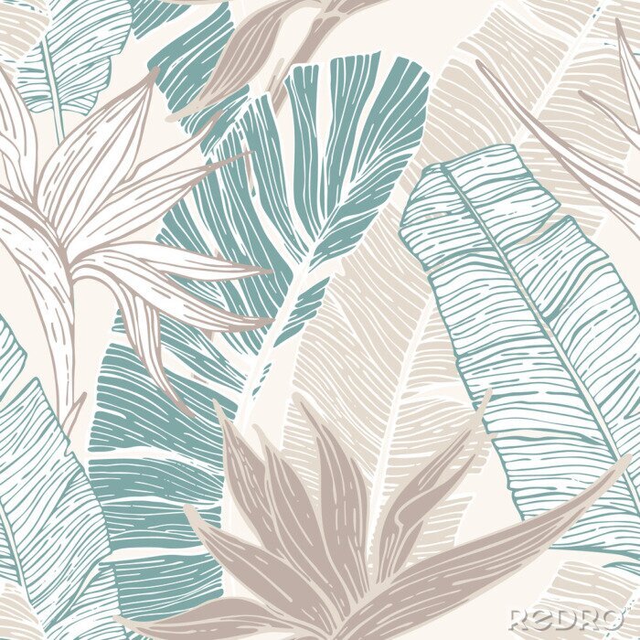 Bild Hand drawn abstract tropical summer background : palm tree and banana leaves, bird-in-paradise flower in silhouette, line art