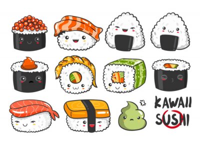Hand drawn various kawaii sushi. Colored vector set. All elements are isolated