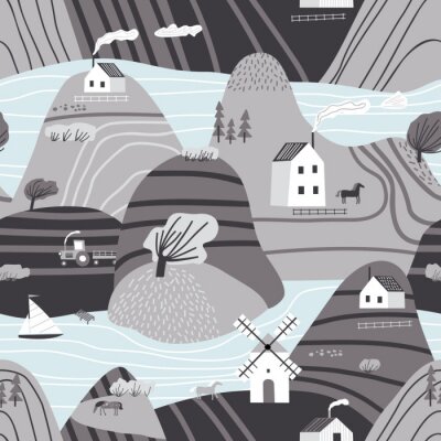 Hand gezeichnete Vektor abstrakte skandinavische Grafik Illustration nahtloses Muster mit Haus, Bäume und Berge. Nordisches Naturlandschaftskonzept. Perfekt für Kinder Stoff, Textil, Kinderzimmer Tape