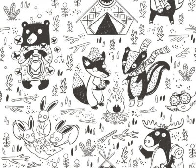 Hand gezeichneten Campingplatz nahtlose Muster mit Comic-Figuren in Monochrom
