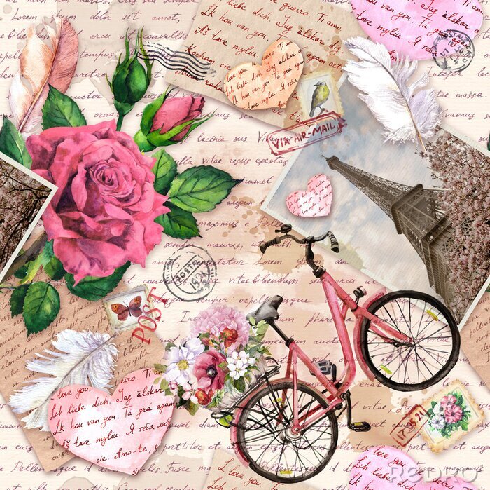 Bild Hand written letters, hearts, bicycle with flowers in basket, vintage photo of Eiffel Tower, rose flowers, postal stamps, feathers. Seamless pattern about love, France, Paris