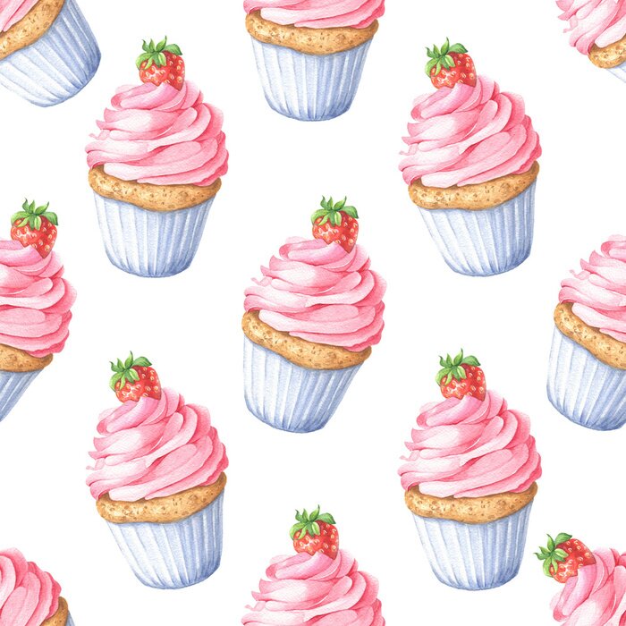 Bild Handgezeichnete Aquarell rosa Erdbeer Cupcake Muster, bunte nahtlose Hintergrund wiederholen. Lebensmittel Dessert Design.
