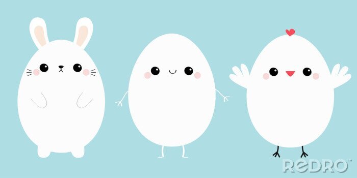Bild Happy Easter chicken bird, bunny head face, egg set line. White rabbit baby chick. Cute cartoon kawaii funny character. Friends forever. Farm animal. Blue pastel background. Flat design
