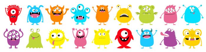 Bild Happy Halloween. Monster colorful round silhouette icon super big set line. Eyes, tongue, tooth fang, hands up. Cute cartoon kawaii scary funny baby character.White background. Flat design.
