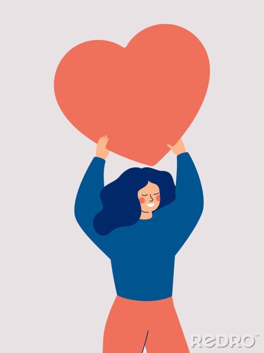 Bild Happy woman holding a red big heart above her head isolated on white background. Flat vector illustration.