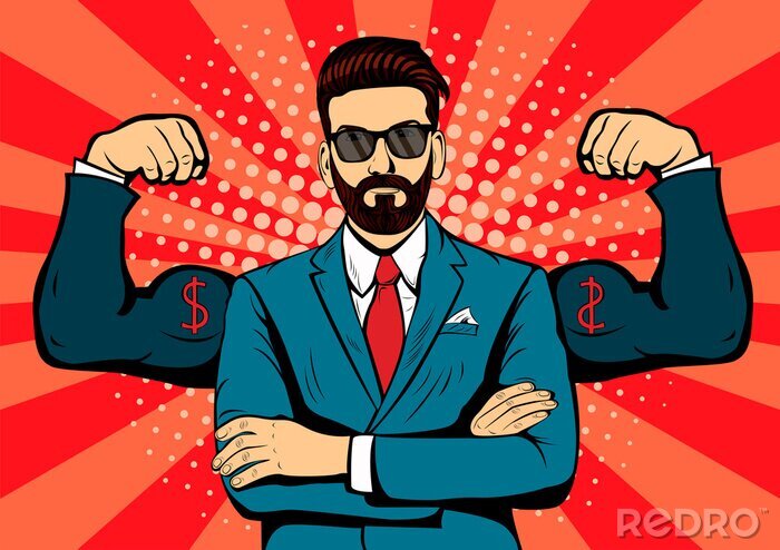 Bild Hipster beard businessman with muscles pop art retro style. Strong Businessman in glasses in comic style. Success concept vector illustration.