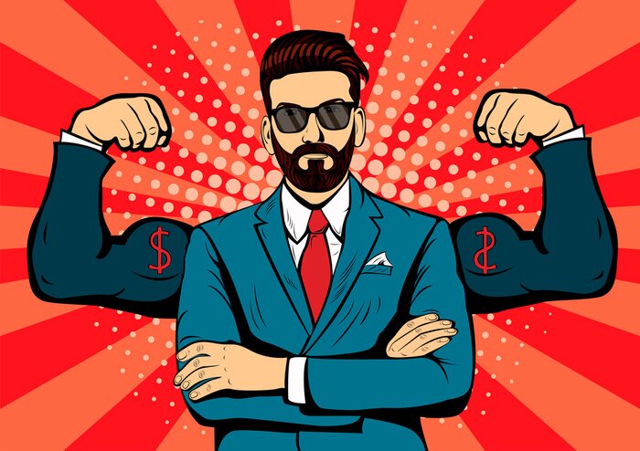 Bild Hipster beard businessman with muscles pop art retro style. Strong Businessman in glasses in comic style. Success concept vector illustration.
