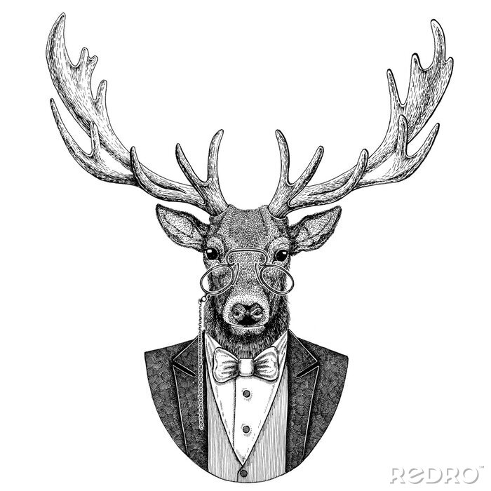 Bild Hirsch Hipster Tier Hand gezeichnet Illustration für Tattoo, Emblem, Abzeichen, Logo, Patch, T-Shirt