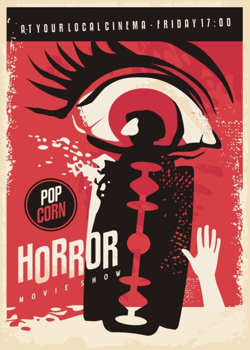 Bild Horror movie poster design with scary eye and bloody razor blade. Retro poster vector illustration.