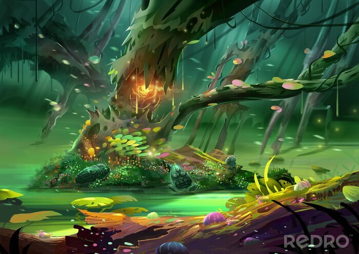 Bild Illustration: Der magische Baum im prächtigen und geheimnisvollen und furchtsamen Wald. Realistische Karikatur-Art-Szene / Tapete / Hintergrund-Entwurf.