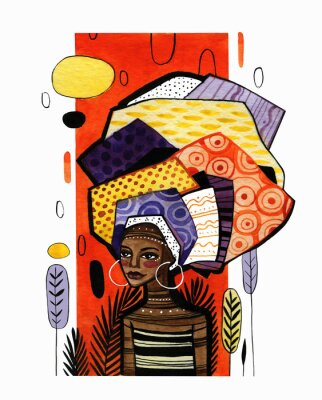 Bild Illustration of an african american girl on a background of orange vertical stripe. Watercolor work with graphic elements is done in warm colors.