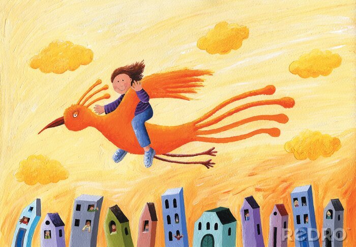 Bild Junge fliegt auf einem orangefarbenen Vogel über einem Dorf