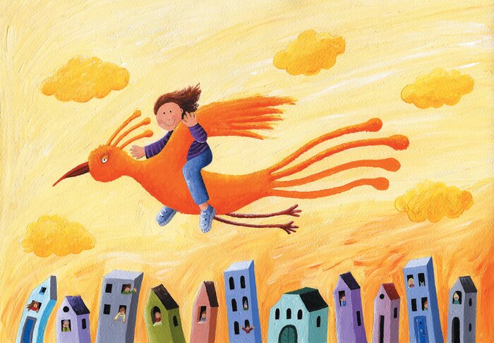 Bild Junge fliegt auf einem orangefarbenen Vogel über einem Dorf
