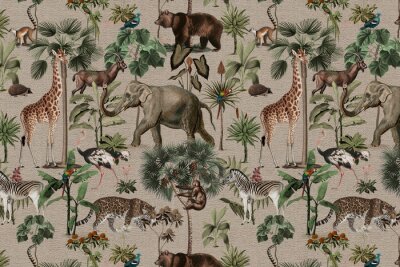 Fototapete Jungle pattern background wild animals illustration