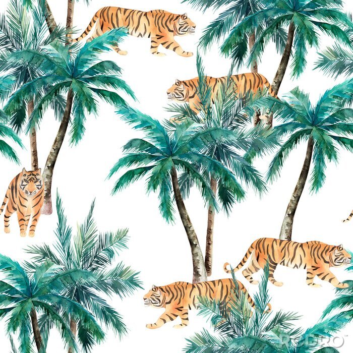 Bild Jungle seamless pattern. Tropical palm trees and tiger. Hand drawn watercolour illustration