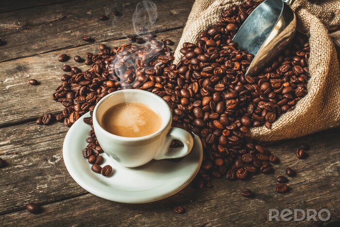 Bild Kaffeebohnen im Sack und Tasse