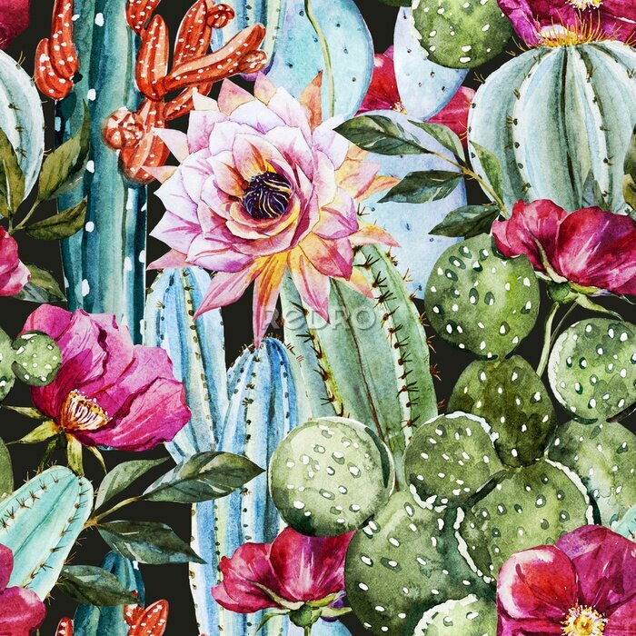 Bild Kakteen inmitten von bunten Blumen mit Aquarellfarben gemalt